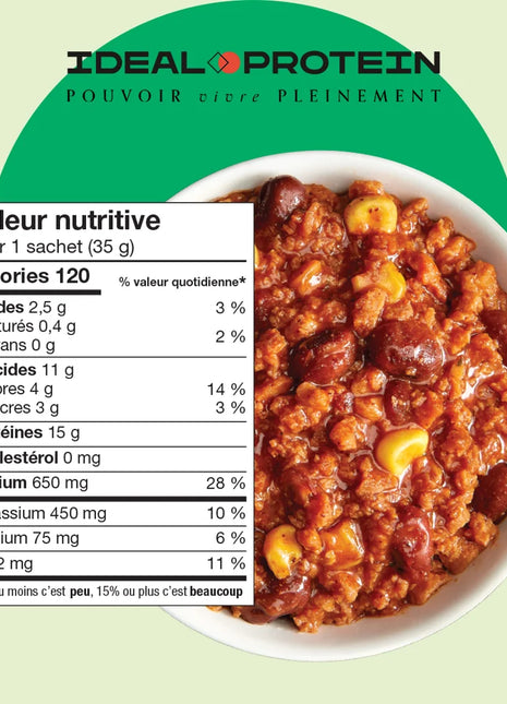 Préparation pour chili aux légumes Ideal Protein - Informations nutritionnelles