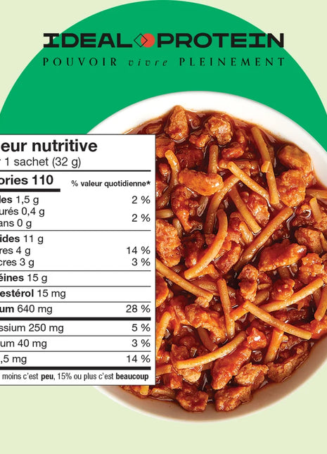 Préparation pour Spaghetti bolognaise végétarien Ideal Protein - informations nutritionnelles